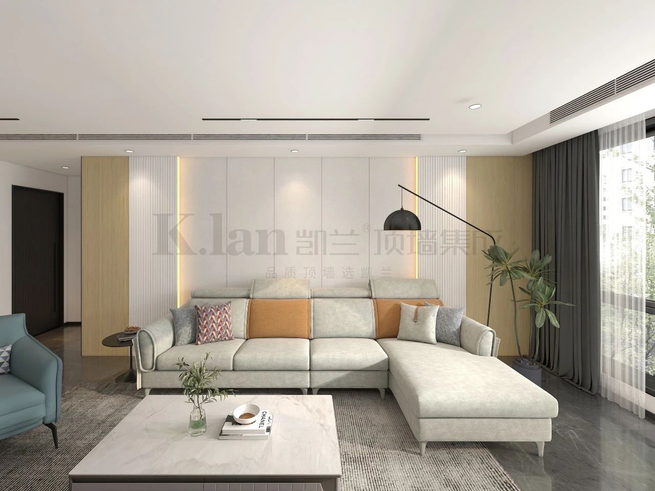 輕奢實心大板現代凱蘭背景墻沙發背景